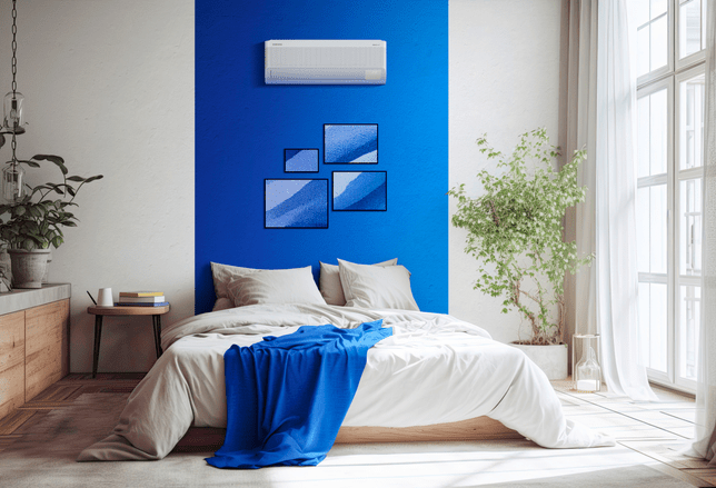 A double bed is located in the interior bedroom corner. Pillows in white and gray with gray bedding. Above the bed, there is a horizontal poster hanging. a mockup. Generative AI